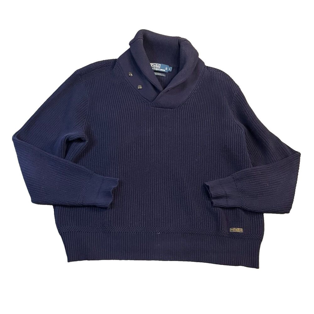 Polo Ralph Lauren Navy Blue Shawl Collar Grandpa Knit Sweater Pullover Mens Sz L